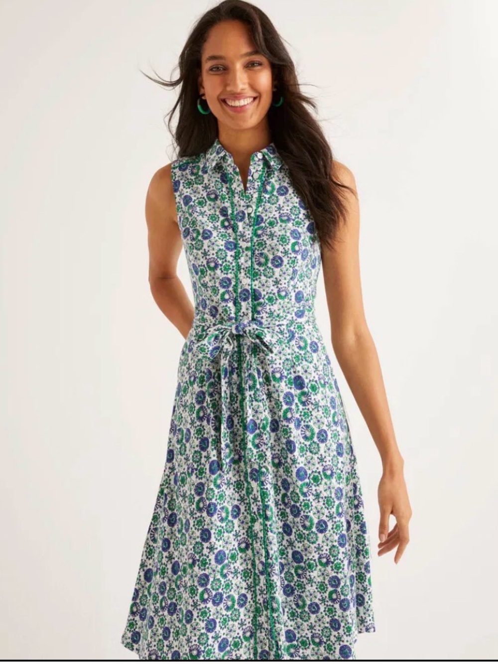 Boden Sleeveless Shirt Dress in Blue and Green Floral